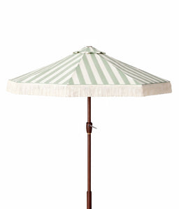 beige and white striped patio umbrella Sage and White Umbrella 9' – Milla Event Rentals