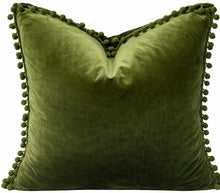 Olive green with PomPoms Pillow 18"X18”