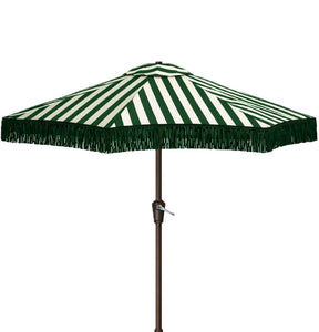 hunter green and white striped patio umbrella Dark Green and White Umbrella 9' – Milla Event Rentals